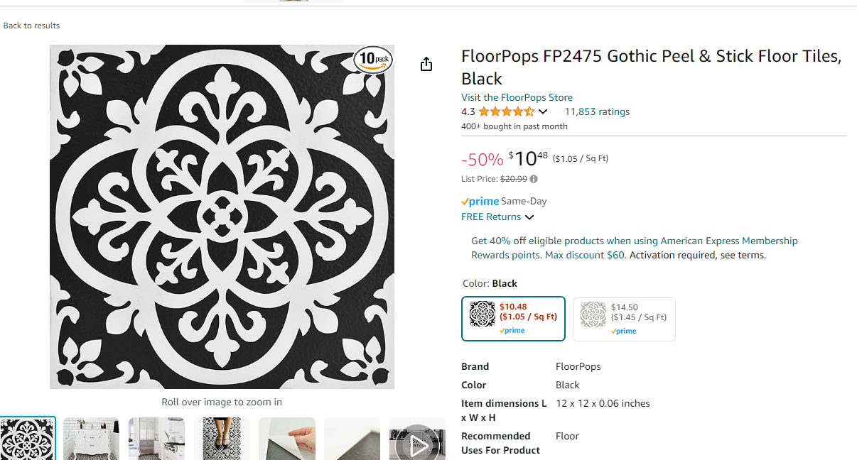 FloorPops FP2475 Gothic Peel & Stick Floor Tiles, Black