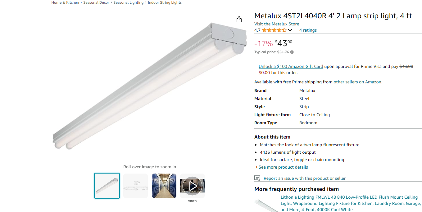 Metalux 4ST2L4040R 4' 2 Lamp strip light, 4 ft