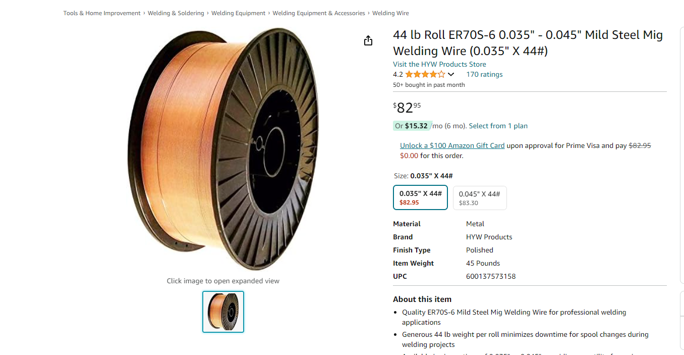 44 lb Roll ER70S-6 0.035" - 0.045" Mild Steel Mig Welding Wire (0.035" X 44#)