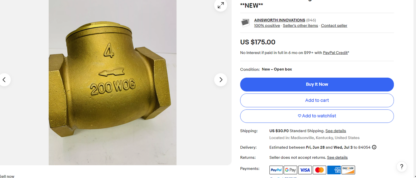 Forged Brass 200 WOG / 125 WSP Threaded Swing Check Valve  4 Inch