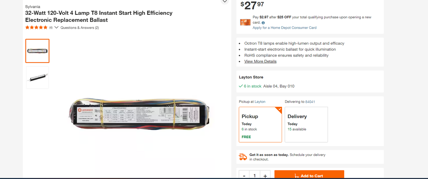 SYLVANIA QTR4x32T8/120-ISN-SC Fluorescent Ballast, 4-Lamp, 32W T8, F32T8, 120V