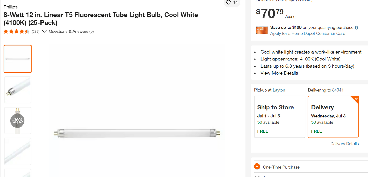 Philips Fluorescent Light Bulb (332478) 8 watt - 12" - T5 - Miniature Bi-Pin (G5) Base - 4,100K - Cool White