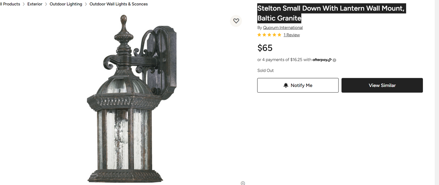 Stelton Small Down With Lantern Wall Mount, Baltic Granite
