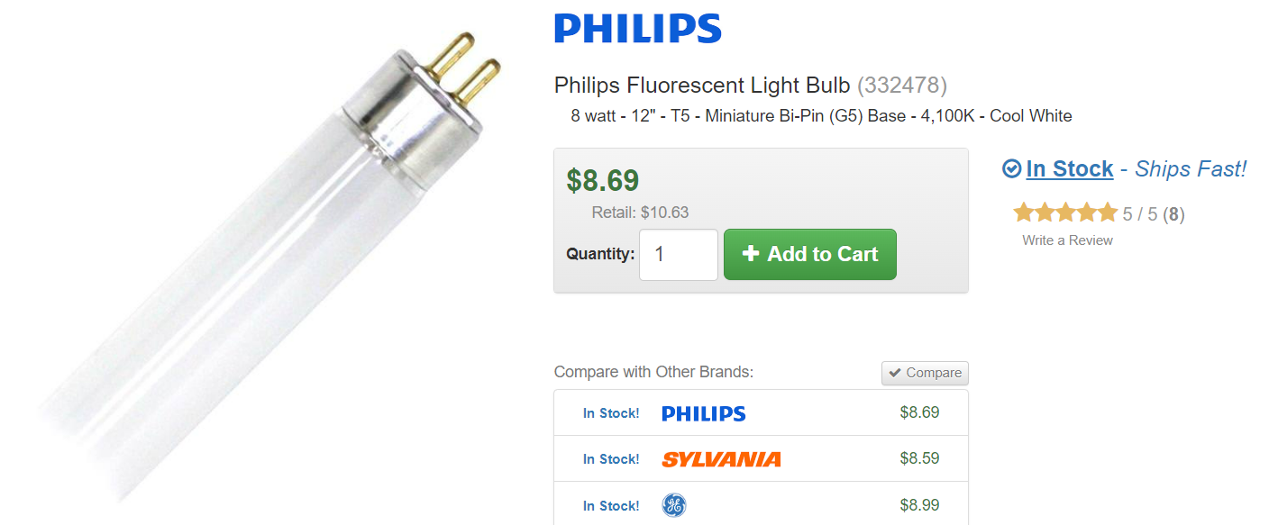 Philips Fluorescent Light Bulb (332478) 8 watt - 12" - T5 - Miniature Bi-Pin (G5) Base - 4,100K - Cool White