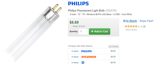 Philips Fluorescent Light Bulb (332478) 8 watt - 12" - T5 - Miniature Bi-Pin (G5) Base - 4,100K - Cool White