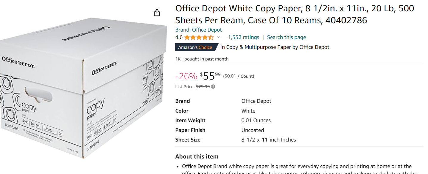 Office Depot White Copy Paper, 8 1/2in. x 11in., 20 Lb, 500 Sheets Per Ream, Case Of 10 Reams, 40402786