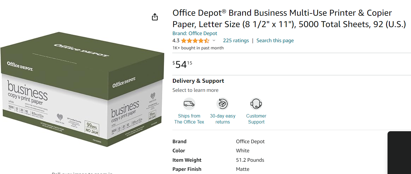 Office Depot® Brand Business Multi-Use Printer & Copier Paper, Letter Size (8 1/2" x 11"), 5000 Total Sheets, 92 (U.S.)