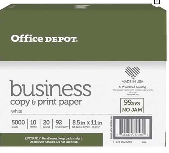 Office Depot® Brand Business Multi-Use Printer & Copier Paper, Letter Size (8 1/2" x 11"), 5000 Total Sheets, 92 (U.S.)