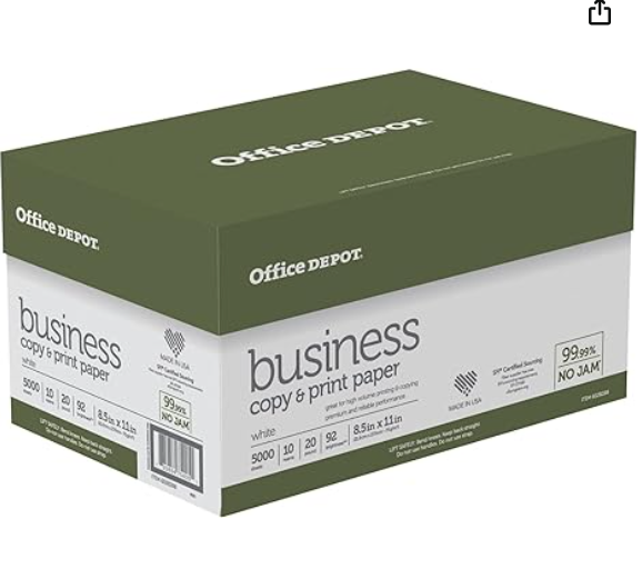 Office Depot® Brand Business Multi-Use Printer & Copier Paper, Letter Size (8 1/2" x 11"), 5000 Total Sheets, 92 (U.S.)