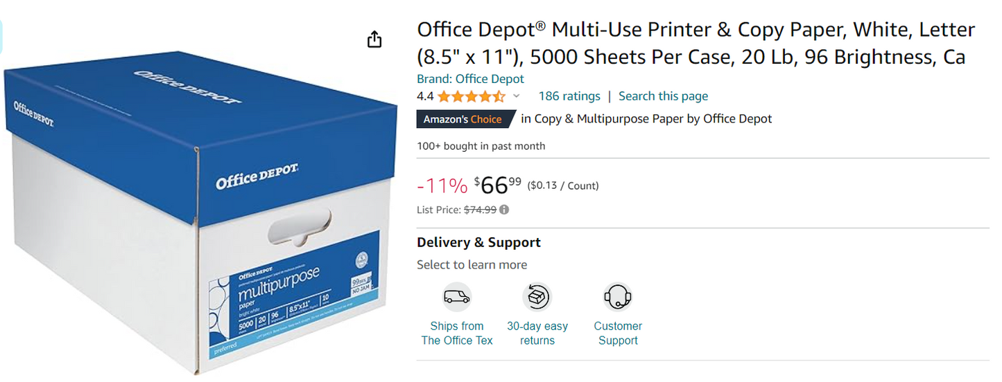 Office Depot® Multi-Use Printer & Copy Paper, White, Letter (8.5" x 11"), 5000 Sheets Per Case, 20 Lb, 96 Brightness, Ca