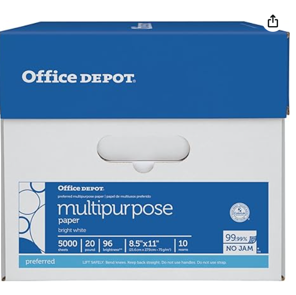 Office Depot® Multi-Use Printer & Copy Paper, White, Letter (8.5" x 11"), 5000 Sheets Per Case, 20 Lb, 96 Brightness, Ca