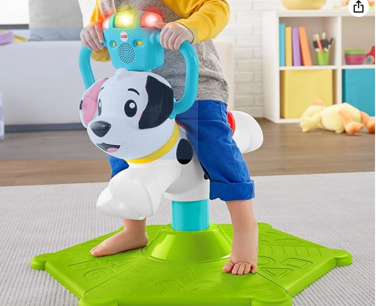 Fisher-Price Toddler Learning Toy, Bounce and Spin Puppy Stationary Ride-On Bouncer with Music & Lights for Infants Ages 1+ Years