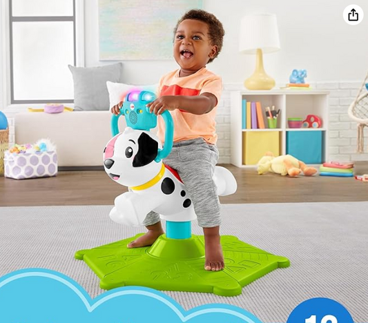 Fisher-Price Toddler Learning Toy, Bounce and Spin Puppy Stationary Ride-On Bouncer with Music & Lights for Infants Ages 1+ Years