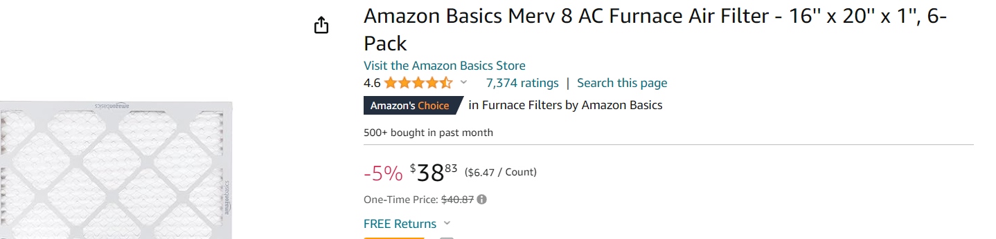 Amazon Basics Merv 8 AC Furnace Air Filter - 16'' x 20'' x 1'', 6-Pack