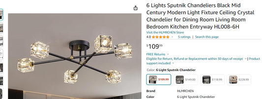 6 Lights Sputnik Chandeliers Black Mid Century Modern Light Fixture Ceiling Crystal Chandelier for Dining Room Living Room Bedroom Kitchen Entryway HL008-6H