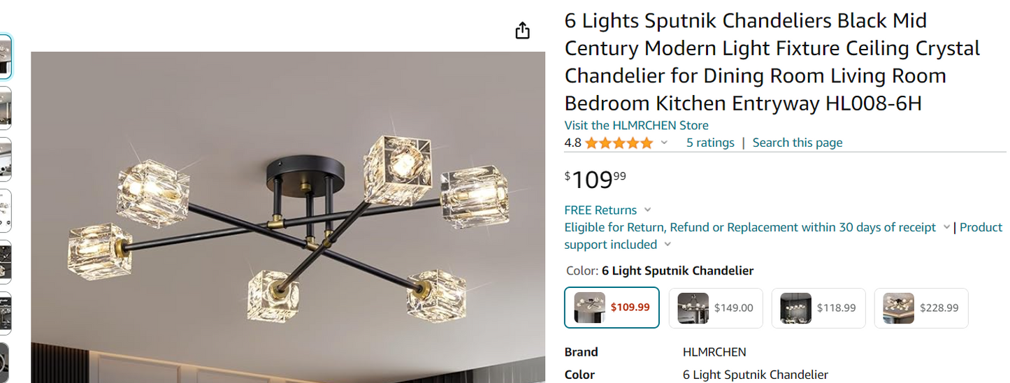 6 Lights Sputnik Chandeliers Black Mid Century Modern Light Fixture Ceiling Crystal Chandelier for Dining Room Living Room Bedroom Kitchen Entryway HL008-6H