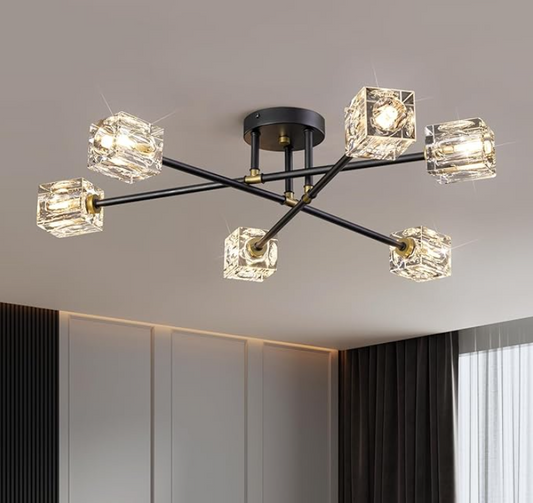 6 Lights Sputnik Chandeliers Black Mid Century Modern Light Fixture Ceiling Crystal Chandelier for Dining Room Living Room Bedroom Kitchen Entryway HL008-6H