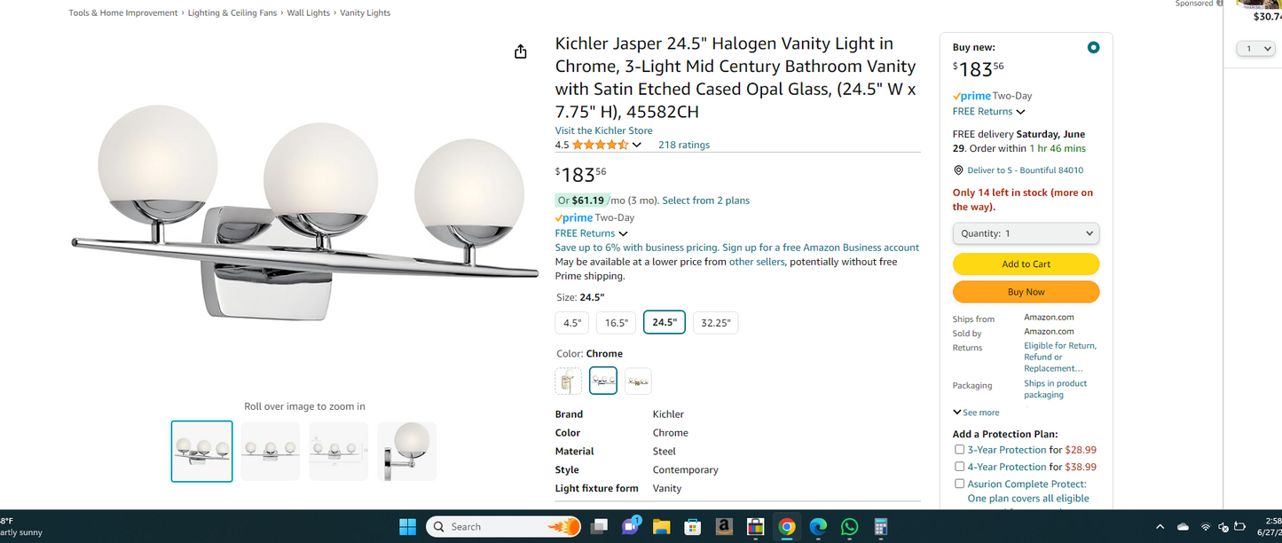 Kichler Jasper 24.5" Halogen Vanity Light in Chrome, 3-Light Mid Century Bathroom Vanity with Satin Etched Cased Opal Glass, (24.5" W x 7.75" H), 45582CH