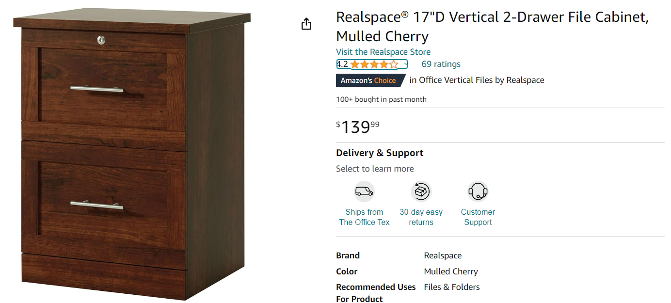 Realspace® 17"D Vertical 2-Drawer File Cabinet, Mulled Cherry