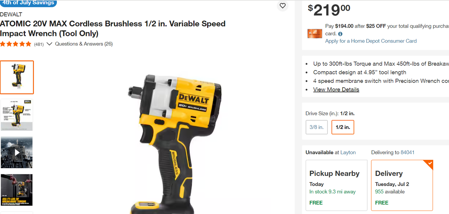 DEWALT ATOMIC 20V MAX* 1/2 in. Cordless Impact Wrench with Hog Ring Anvil (Tool Only) (DCF921B)