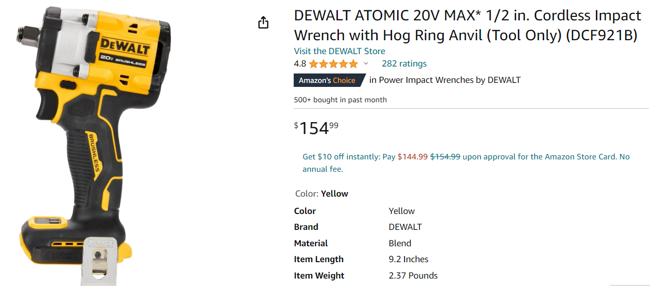 DEWALT ATOMIC 20V MAX* 1/2 in. Cordless Impact Wrench with Hog Ring Anvil (Tool Only) (DCF921B)