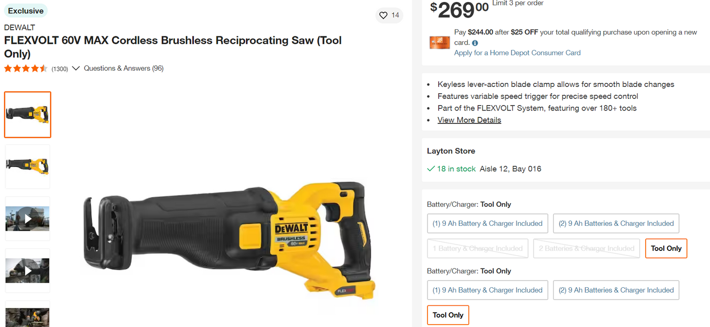 DEWALT FLEXVOLT 60V MAX* Reciprocating Saw, Cordless, Tool Only (DCS389B) listing#286242656184