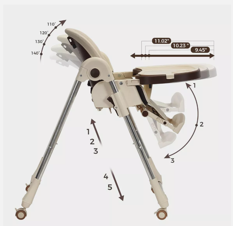 Foldable Highchair for Babies & Toddlers, Multiple Adjustable Backrest Brown