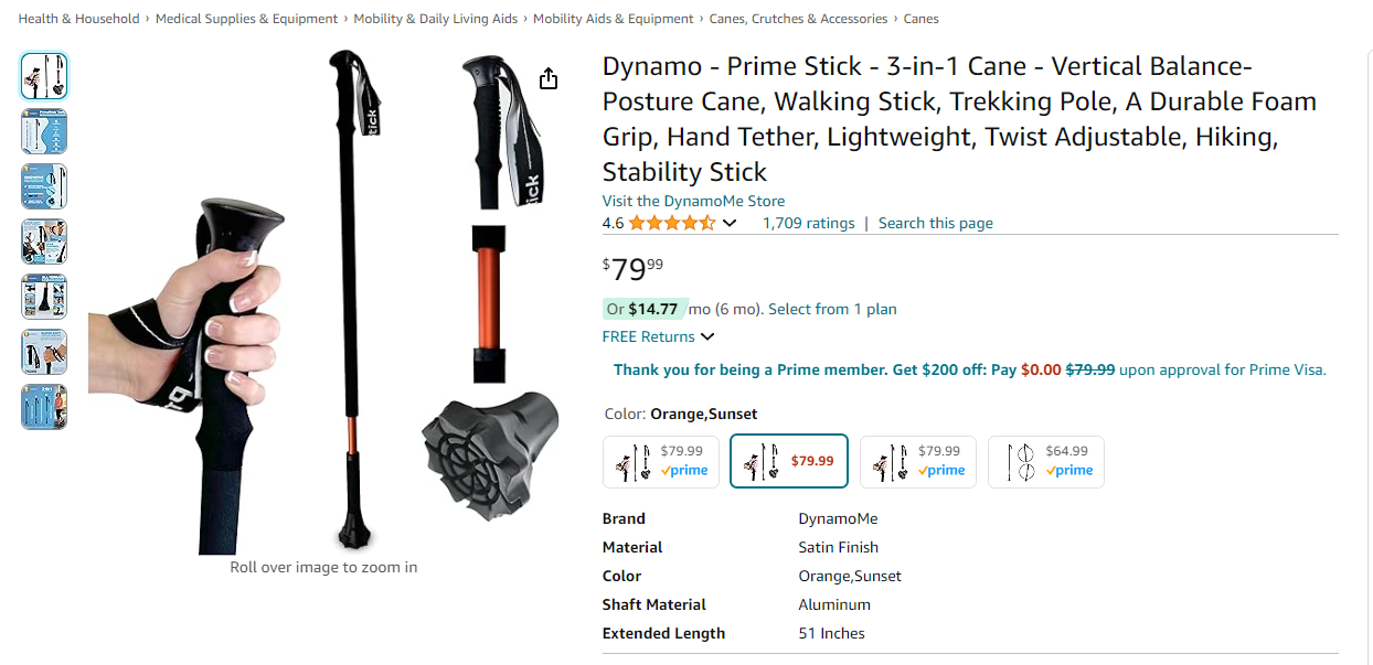 Dynamo Prime Stick Cane - Experience Better Balance, Posture & Mobility - Lightweight, Convenient, Adjustable Walking Cane for Seniors, Men & Women - for Hiking, Walking & Trekking - Sunset Orange