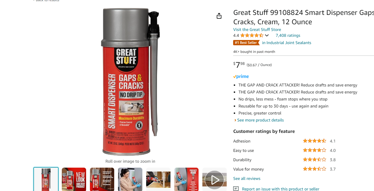 Great Stuff 99108824 Smart Dispenser Gaps & Cracks, Cream, 12 Ounce