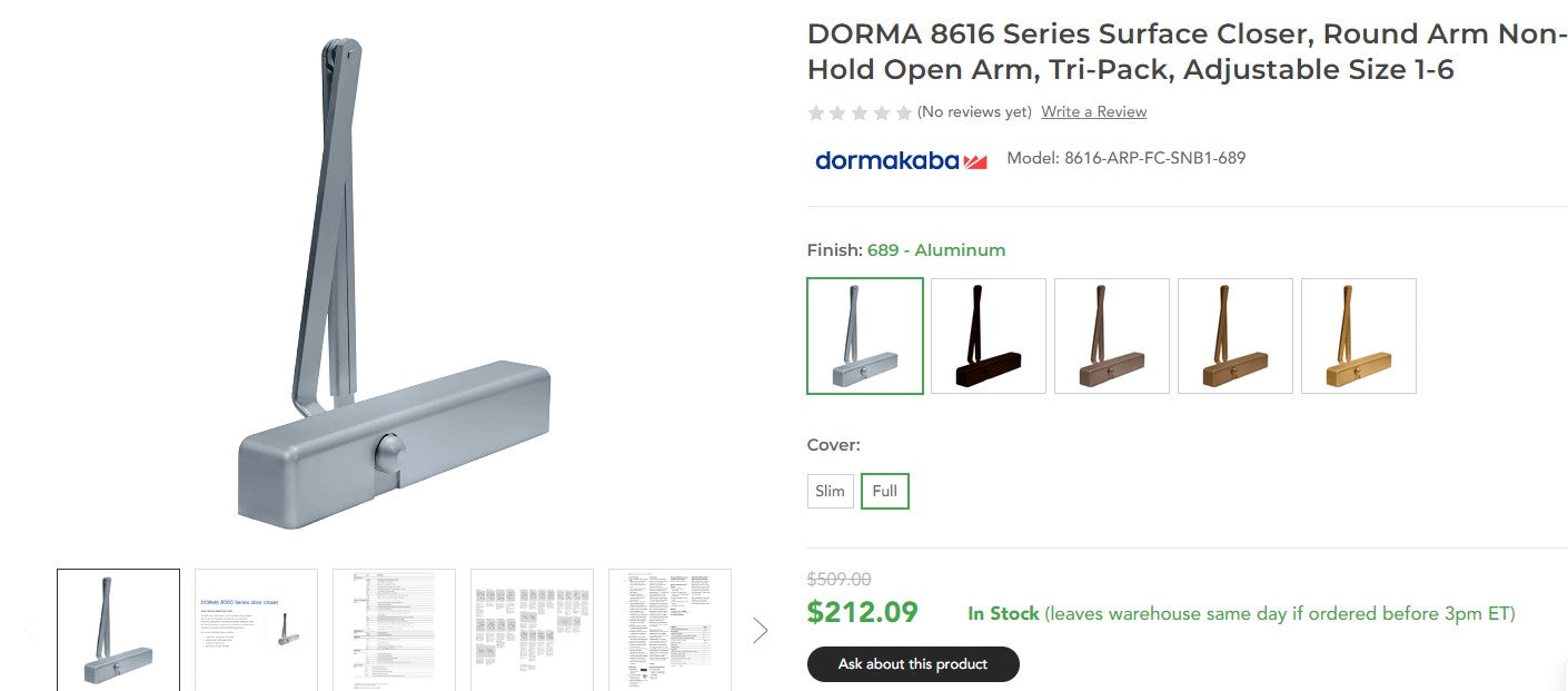 Dorma 8616 Door Closer, Surface Mount, Adjustable Size 1-6, Aluminum Finish