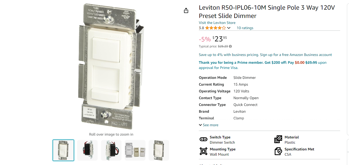 Leviton R50-IPL06-10M Single Pole 3 Way 120V Preset Slide Dimmer