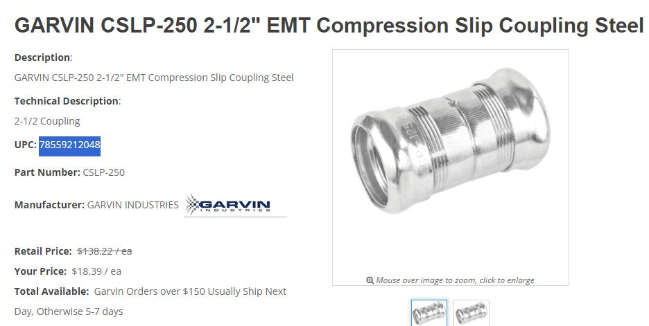 GARVIN CSLP-250 2-1/2" EMT Compression Slip Coupling Steel Box of 10