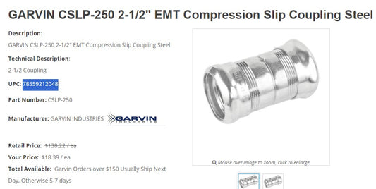 GARVIN CSLP-250 2-1/2" EMT Compression Slip Coupling Steel Box of 10