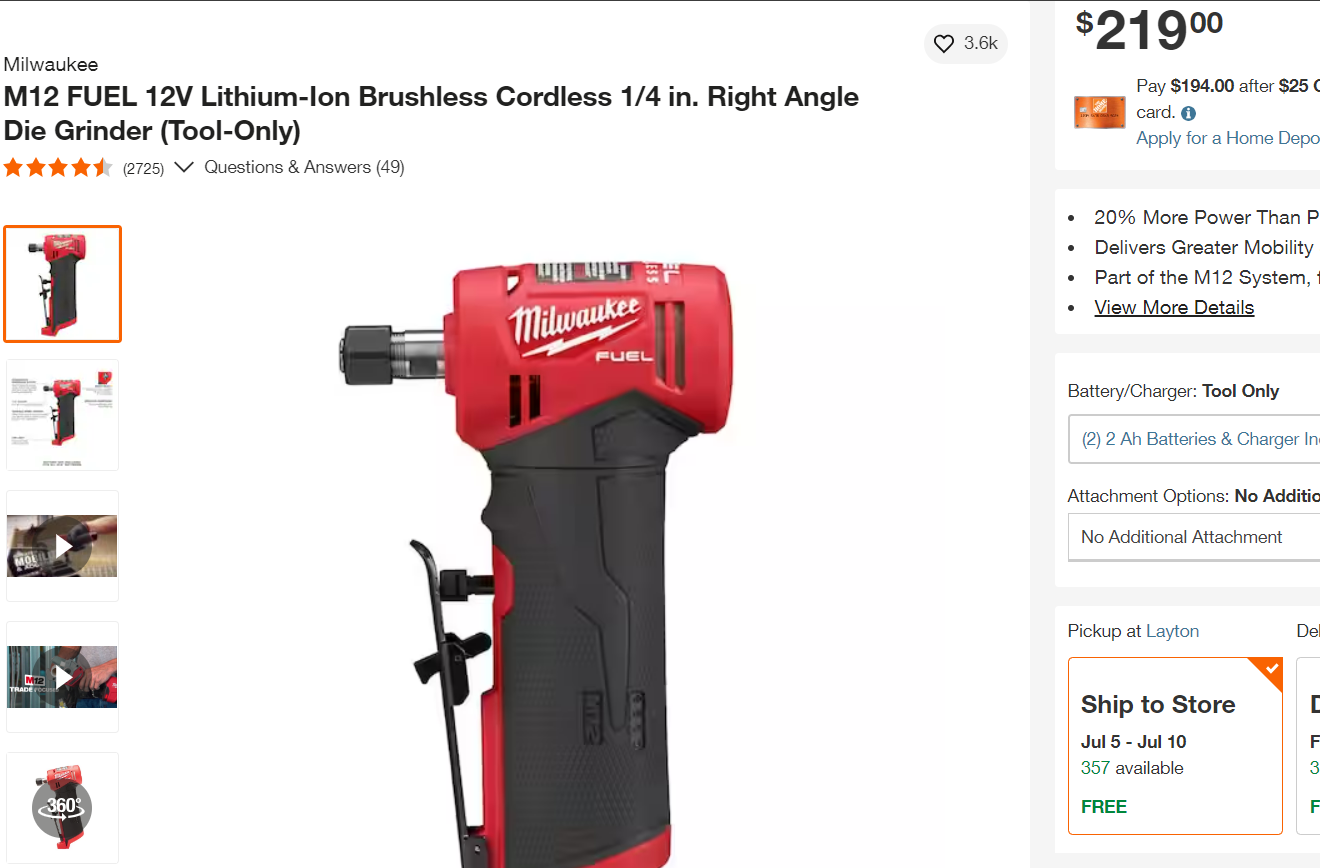 Milwaukee M12 FUEL 12V Lithium-Ion Brushless Cordless 1/4 in. Right Angle Die Grinder (Tool-Only)