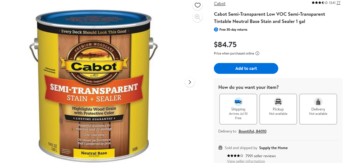 Cabot Semi-Transparent Low VOC Semi-Transparent Tintable Neutral Base Stain and Sealer 1 gal