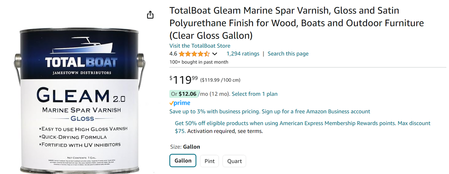 TotalBoat Gleam Marine Spar Varnish, Gloss and Satin Polyurethane Finish for Wood, Boats and Outdoor Furniture (Clear Gloss Gallon)