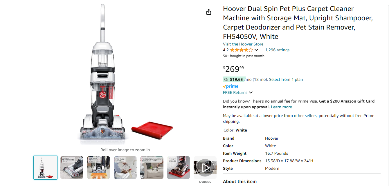 Hoover Dual Spin Pet Plus Carpet Cleaner Machine with Storage Mat, Upright Shampooer, Carpet Deodorizer and Pet Stain Remover, FH54050V, White