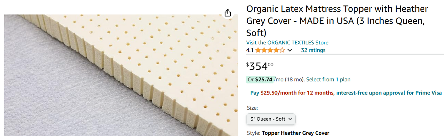 ORGANIC TEXTILES Organic Latex Mattress Topper - Made in USA (3 Inches Queen, Medium)