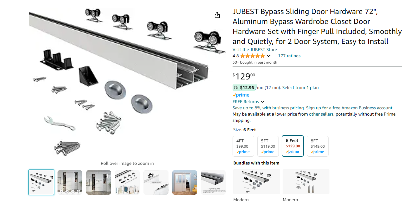 JUBEST Bypass Sliding Door Hardware 72", Aluminum Bypass Wardrobe Closet Door Hardware Set with 4 Finger Pulls Included