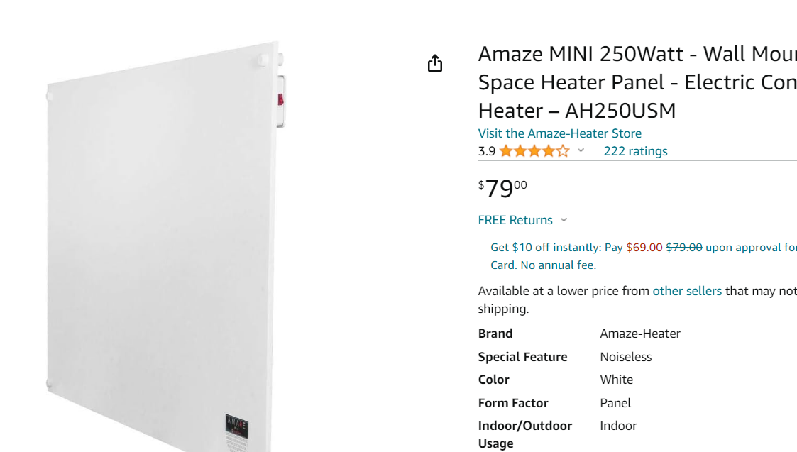 Amaze MINI 250Watt - Wall Mount Room Space Heater Panel - Electric Convection Room Heater – AH250USM