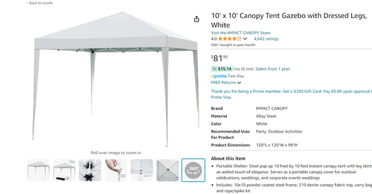 Steel Frame Canopy - 10 x 10', White