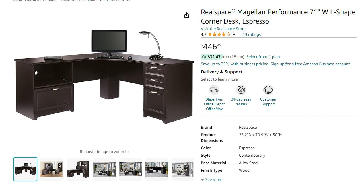 Realspace® Magellan Performance 71" W L-Shape Corner Desk, Espresso