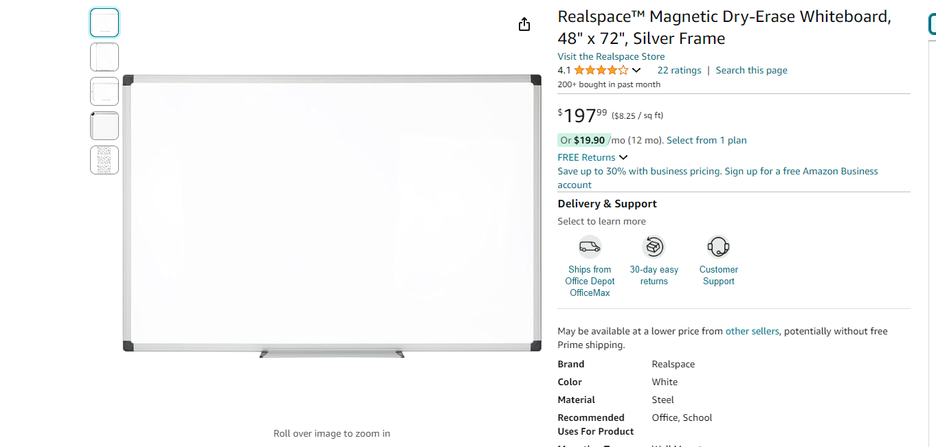 Realspace™ Magnetic Dry-Erase Whiteboard, 48" x 72", Silver Frame