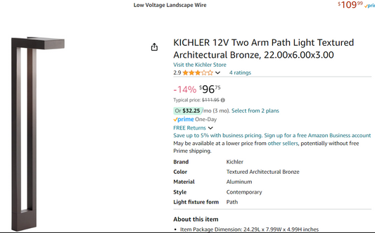 KICHLER 12V Two Arm Path Light Textured Architectural Bronze, 22.00x6.00x3.00