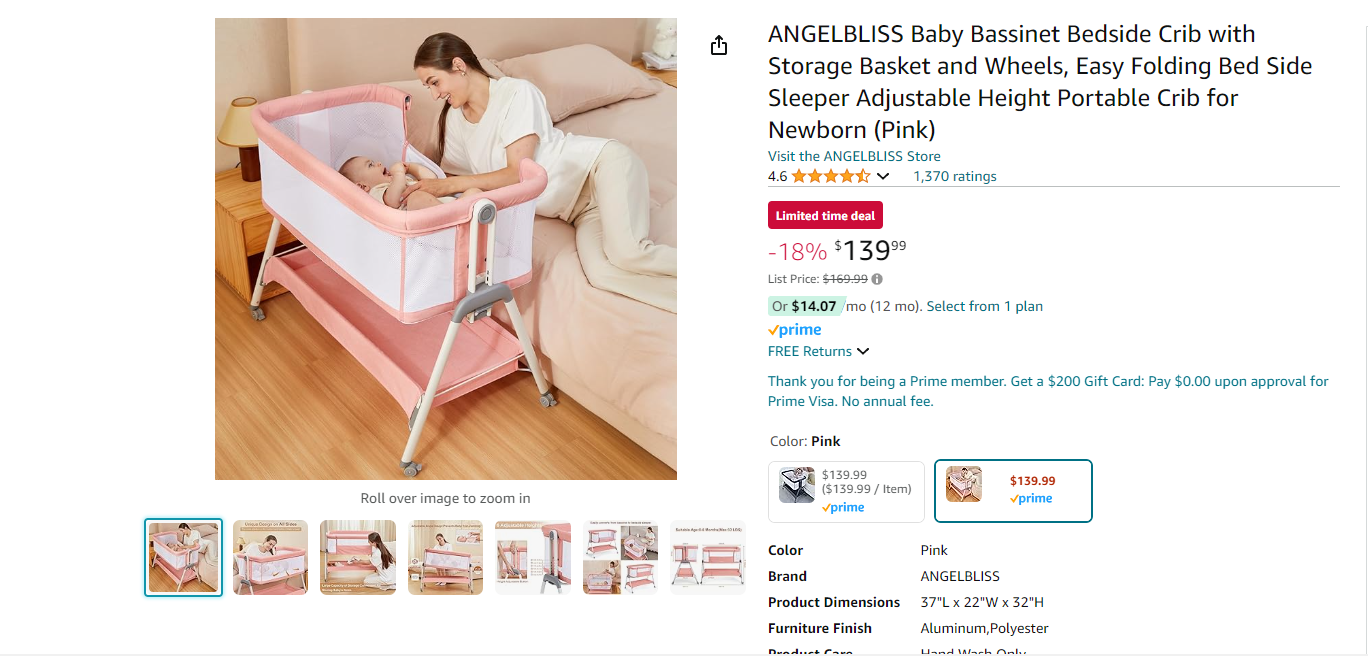 ANGELBLISS Baby Bassinet Bedside Crib with Storage Basket and Wheels, Easy Folding Bed Side Sleeper Adjustable Height Portable Crib for Newborn