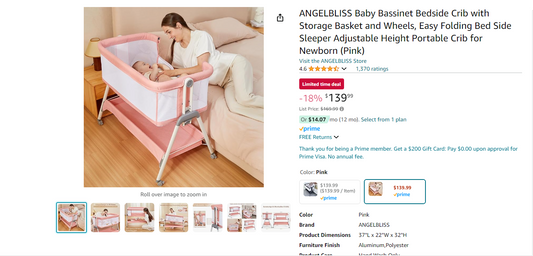 ANGELBLISS Baby Bassinet Bedside Crib with Storage Basket and Wheels, Easy Folding Bed Side Sleeper Adjustable Height Portable Crib for Newborn