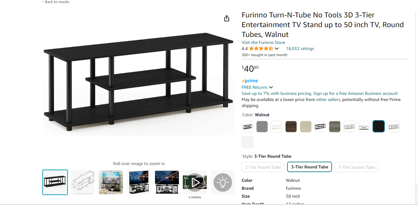 Furinno Turn-N-Tube No Tools 3D 3-Tier Entertainment TV Stand up to 50 inch TV, Round Tubes, Walnut