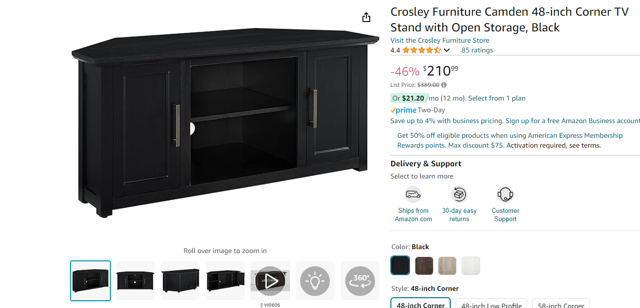 Crosley Furniture Camden 48-inch Corner TV Stand with Open Storage, Black