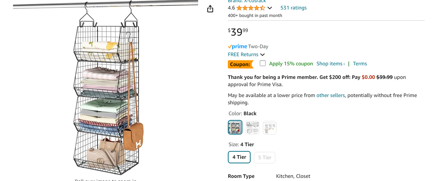 Tu-Pa Large 4 Tier Hanging Closet Organizer, Closet Organizers and Storage, Fruit Basket, Closet Organizer System, 4 Wide Metal Wire Bins, 2 Hangers and 4 S Hooks, Heavy Duty, No Assembly Required