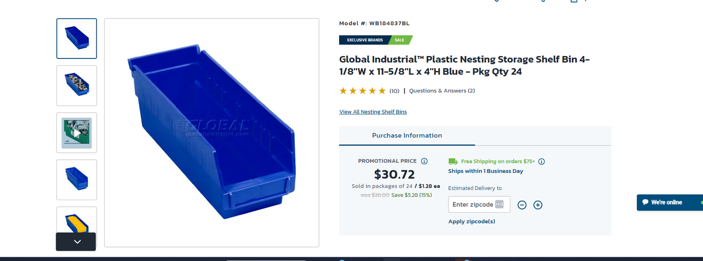 Global Industrial™ 184837BL Plastic Nesting Storage Shelf Bin 4-1/8"W x 11-5/8"D x 4"H Blue